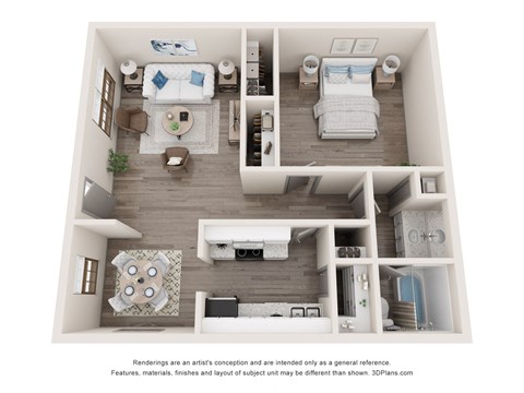 Apartments In Hendersonville, TN 37075 for Rent – Reserve at Drakes Creek A 3D floor plan of a small apartment with a living room, kitchen, and two bedrooms. 1b 1b